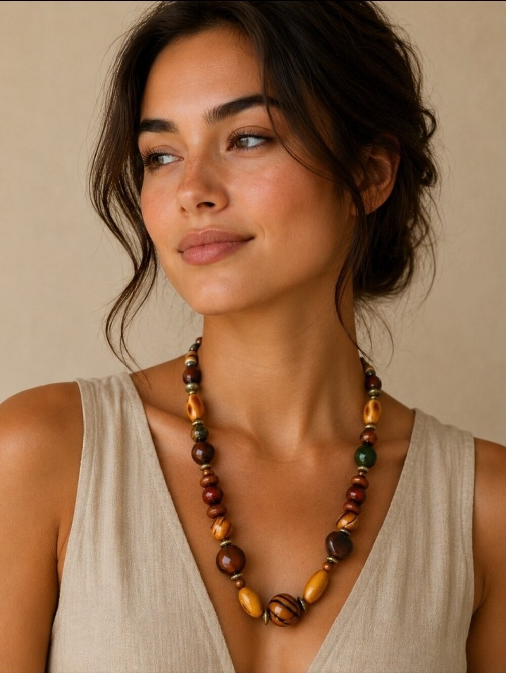 Vintage Earth-Tone Beaded Necklace | Boho Retro Jewelry